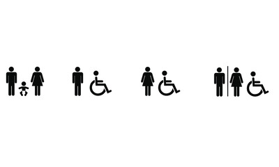 Bathroom sigh Icon vector set Including Family, Men and woman and unisex with the International Symbol of Access