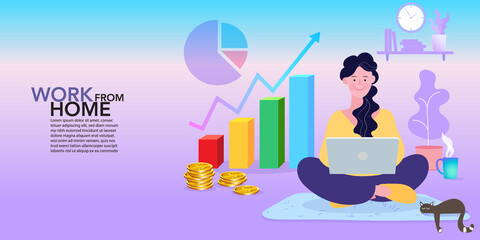 Woman getting money from the computer. business concept illustration. Earning money in the internet, freelance, business online. work from home.
