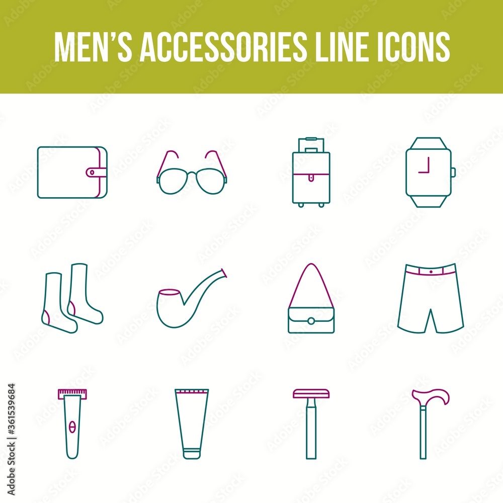 Poster unique men's accessories vector line icon set