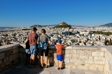 Greece, Athens, June 16 2020 - Viewpoint on Acropolis hill with Lycabetus hill in the background.