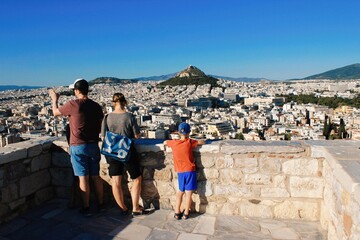 Greece, Athens, June 16 2020 - Viewpoint on Acropolis hill with Lycabetus hill in the background.