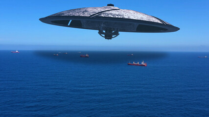 Alien ufo Saucers spacecraft flying over sea With Cargo Ships
Real Drone view with visual effect...