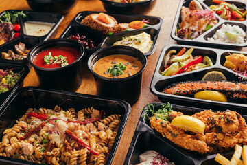 group of food in plastic dish on table. take away food
