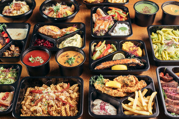 group of food in plastic dish on table. take away food