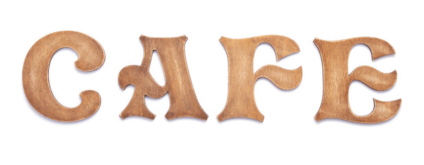 wooden cafe letters on white background