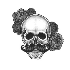 Dotwork styled skull with moustache and peonies . Hand drawn illustration. T-shirt design.