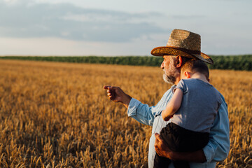 Naklejka na ściany i meble farmer holding his grandson standing in wheat field