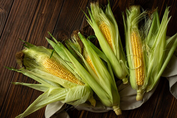 Fresh corn on cobs on brown rustic wooden table. Harvesting concept