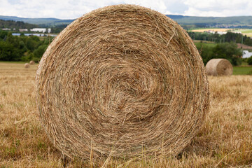 hay bales in a field with blue sky and white clouds