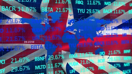 Stock market data processing and world map against United Kingdom flag - Powered by Adobe