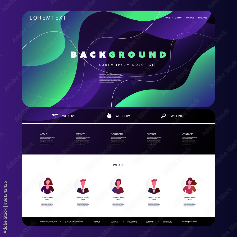 Poster website design template for your business with green and purple abstract liquid shapes texture in th