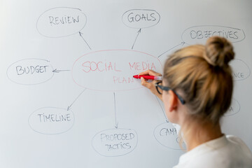 social media marketing plan - woman drawing strategy diagram on whiteboard