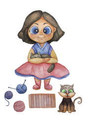 Watercolor. Illustration of a cute girl with a cat in her arms. Clumps of thread lie nearby and a cat sits. Use to decorate children's themes and invitations. Hand drawing paints. 