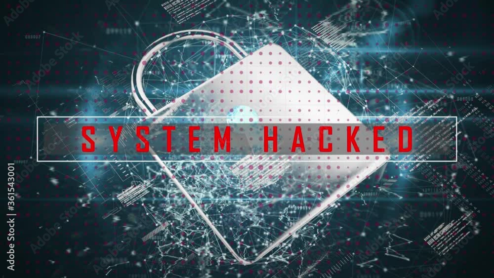 Aufkleber security padlock and system hacked text against web of connections