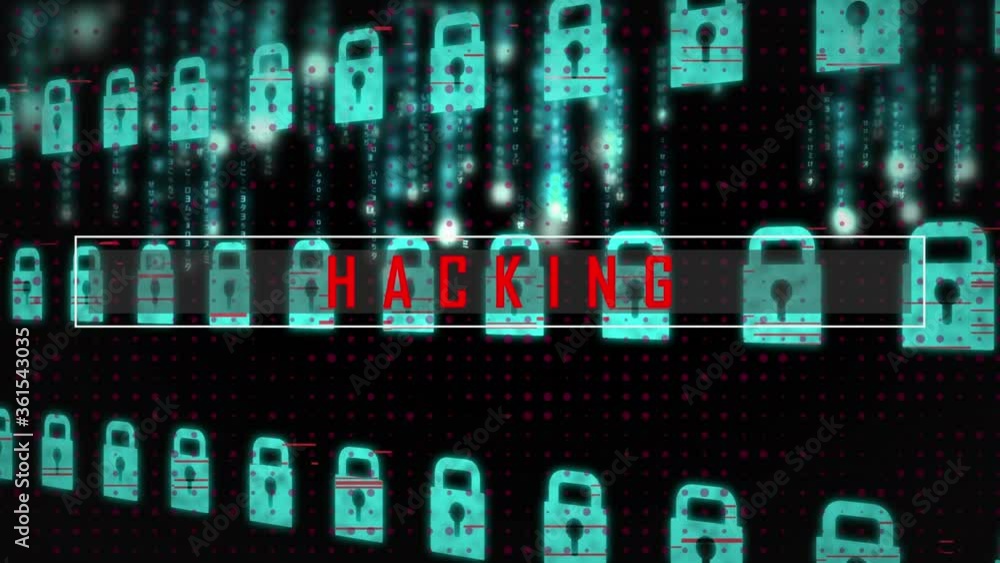 Aufkleber hacking text against security lock icon moving in background