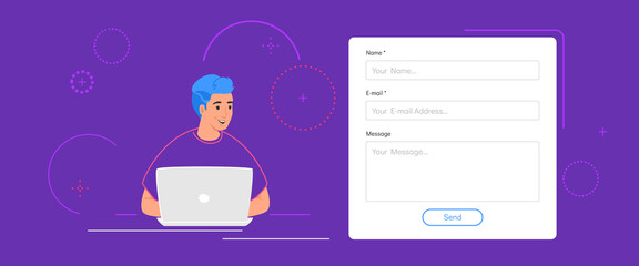 Contact and feedback blank form. Flat teenage man sitting with laptop and looking at contact empty form on a website. Sending a message via feedback form template design on purple background