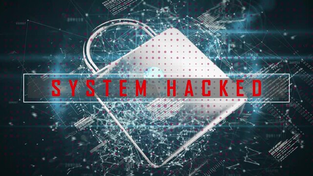 Security padlock and system hacked text against web of connections