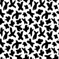 Grunge crosses with brush strokes vector seamless pattern. Black paint freehand scribbles, dry brush stroke texture.