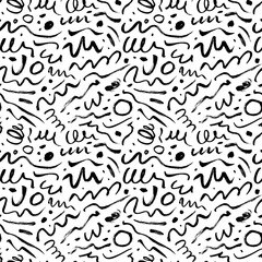 Wavy and swirled brush strokes vector seamless pattern. Black paint freehand scribbles, abstract ink background.