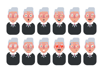 Collection of old pretty woman emotions. Flat vector design.