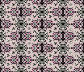 Geometric abstract pattern. Seamless vector with various gray, pink and burgundy elements on a pink background. For textiles, fashionable prints, upholstered furniture, wallpaper, wrapping paper