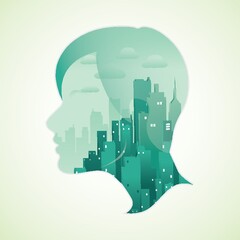 Double exposure of woman and city