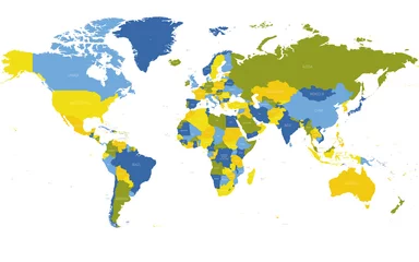 Weltkarte. Hochdetaillierte politische Karte der Welt mit Beschriftung der Ländernamen. 5-Farben-Schema-Vektorkarte auf weißem Hintergrund © pyty