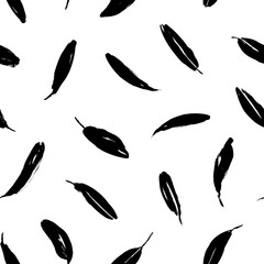 Brush black long leaves vector seamless pattern. Silhouettes of banana leaves, eucalyptus foliage.