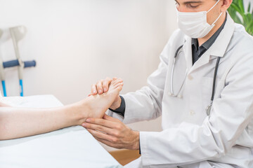 Medical examination. Medical examination on patient leg in clinic. Traumatology. Hospital. Injured....