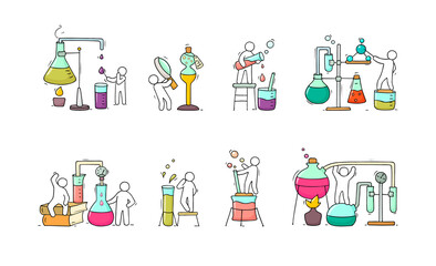 Set of chemical icons with working people.