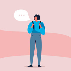 Vector concept illustration of a student girl with a backpack. Young beautiful smiling woman standing in a tender pink background with a chat cloud icon. Represents concept of education and students