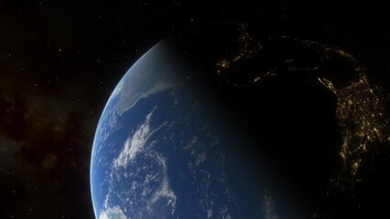 spaceship in orbit of the earth. beautiful science fiction wallpaper with endless deep space, spaceship. 3D render