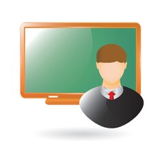 Green chalkboard with student