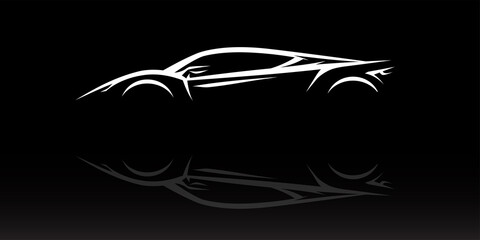 Concept Supercar Silhouette. Auto sports car showroom emblem design. Performance motor vehicle dealership logo style design on black background. Vector illustration.