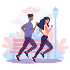 Boy and Girl Running around in Park. Healthy Lifestyle. Happy man and woman.  Sporty Characters for  training, cardio exercising,  marathon, city run, summer outdoor. Vector flat cartoon illustration.