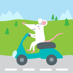 Vector illustration of cute rat riding scooter traveling for summer vacation.