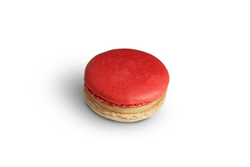 Single sweet red and white macaroon biscuit isolated on white background
