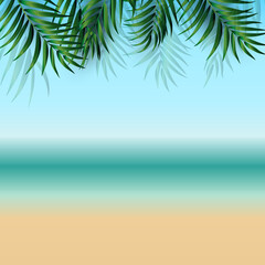 Obraz na płótnie Canvas Abstract Summer Background with Palm Leaves, Beach and Seaside. Vector Illustration
