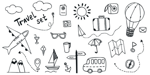 Hand drawn travel doodle set. Travel sketch with travel items. Transport and goods for the way isolated on white. Vector illustration