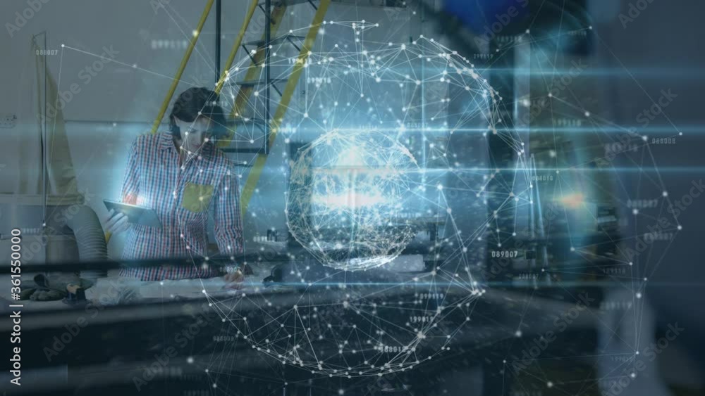 Aufkleber web of connection forming a globe against woman using digital tablet