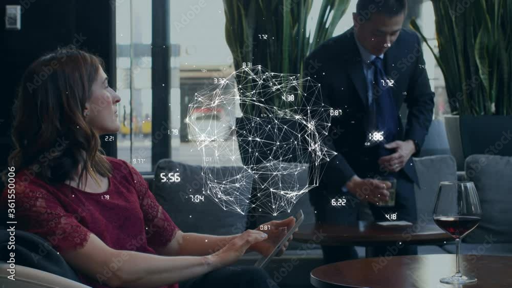 Poster web of connection forming a globe against woman using digital tablet