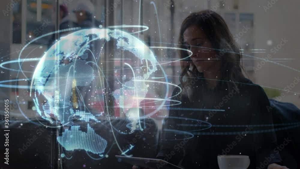 Poster web of connection forming a globe against woman using smartphone and drinking coffee