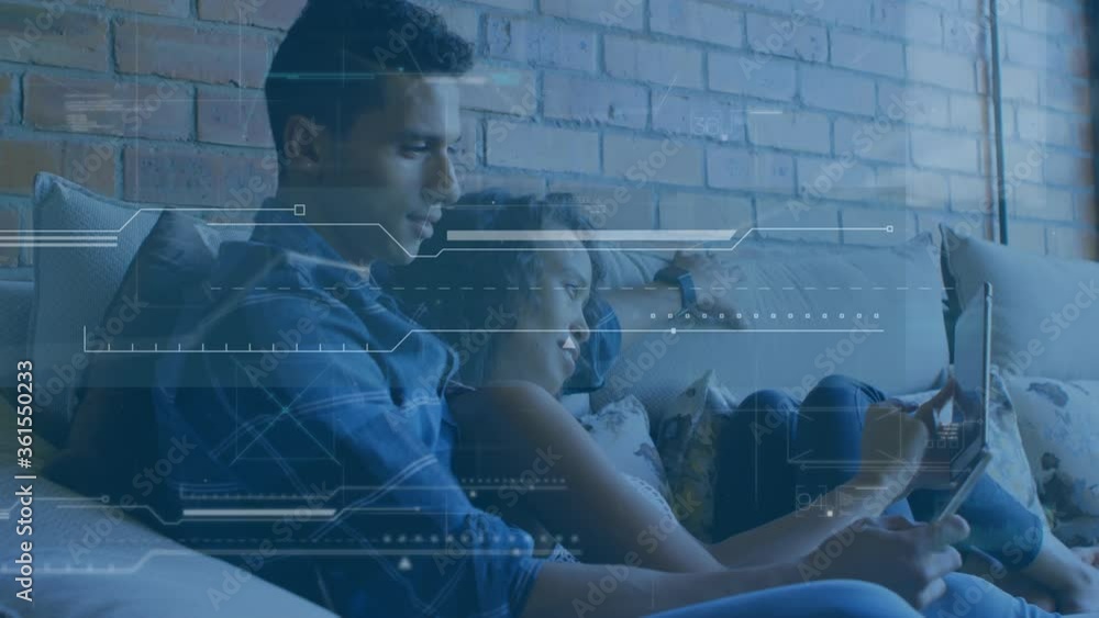 Poster data processing against couple using smartphone and digital tablet