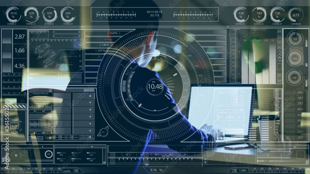 Poster data processing against man using laptop