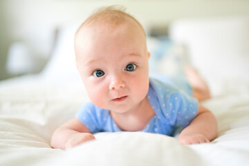 Portrait of a cute 3 months baby lying down on a blanket