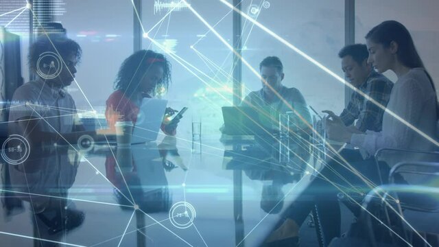 Web of connections and data processing against people working in an office