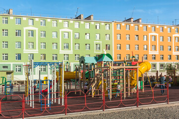 Fototapeta premium Coloured apartment houses, Siberian city Anadyr, Chukotka Province, Russian Far East