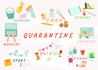 What to do at home in quarantine, quarantined to-do list, cleaning, cooking, reading, work, study, sports, creative, cozy atmosphere.