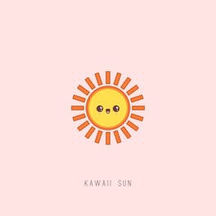 Cute Kawaii Sun with happy Face emotion. Minimalistic outline Icon. Colorful Vector illustration. Japanese manga style. Cartoon character. Sun is isolated on pink background. Logo, print idea
