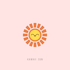Cute Kawaii Sun with happy Face emotion. Minimalistic outline Icon. Colorful Vector illustration. Japanese manga style. Cartoon character. Sun is isolated on pink background. Logo, print idea